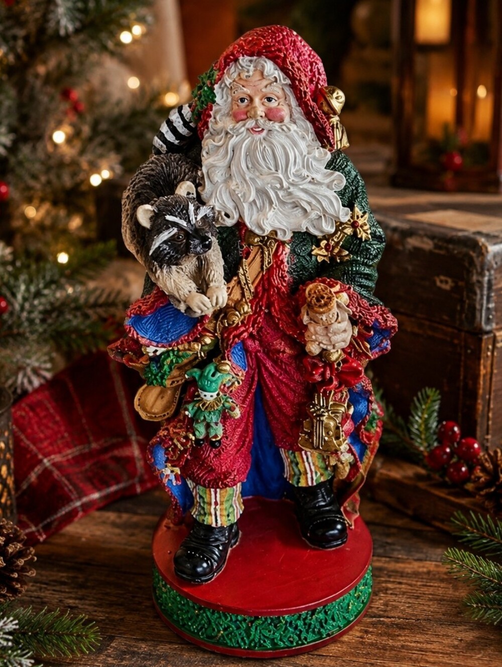 Vintage Jaimy collectible Santa music box featuring an adorable woodland raccoon